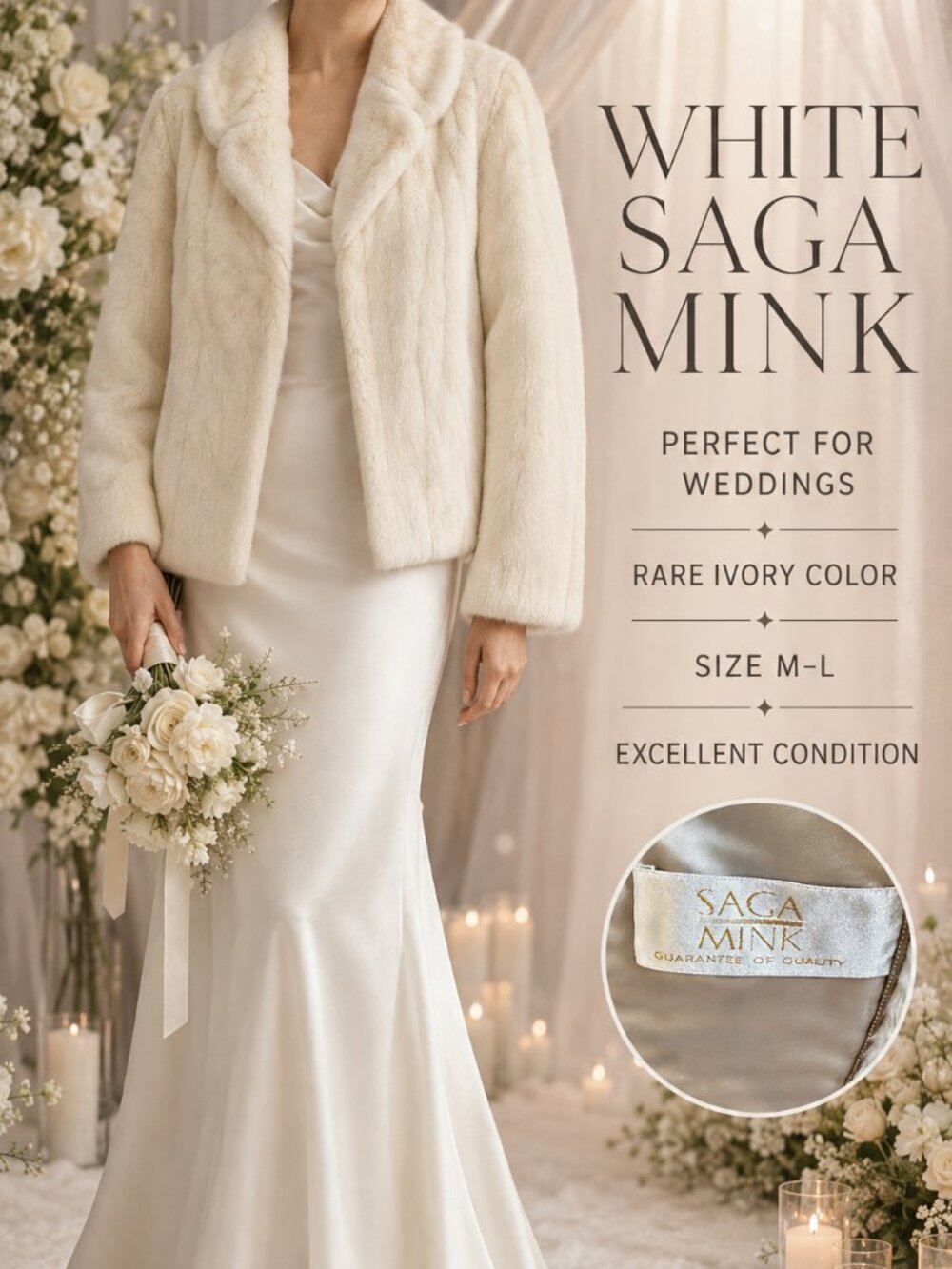 White Ivory SAGA Mink Cropped Fur Jacket Women’s M-L Rare Luxury Coat Excellent